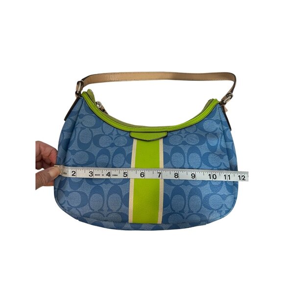 Coach Signature Stripe Shoulder Baguette Demi Bag Blue Lime Green F29942 - Picture 9 of 15